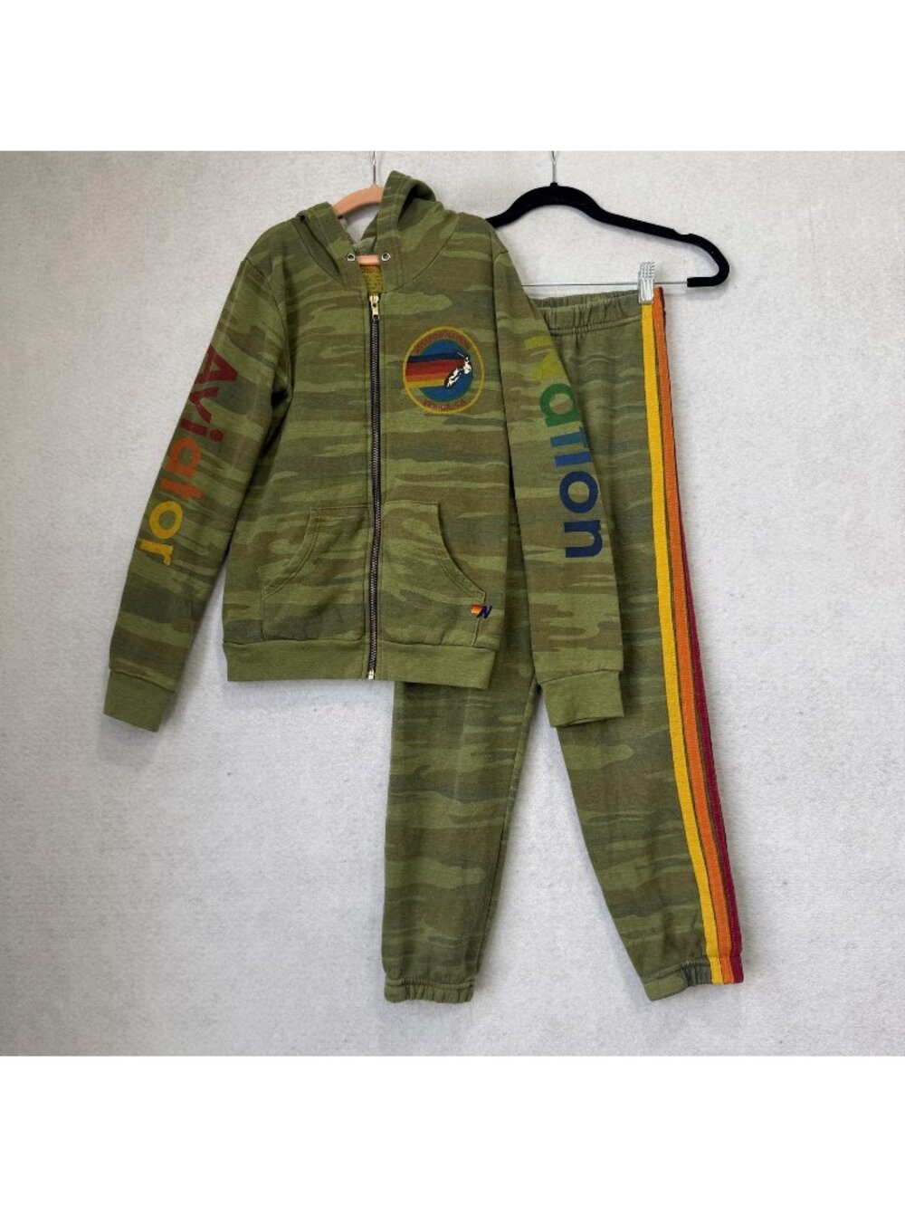 Aviator Nation Sweatsuit Set Kids 10 Green Camo Zip Hoodie Jogger Pants Stripe